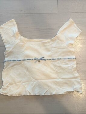 White Short Sleeve Crop Top with Blue Ribbon Detail